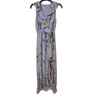 Japna Pale Blue Floral Ruffle Faux Wrap Dress, Size Small